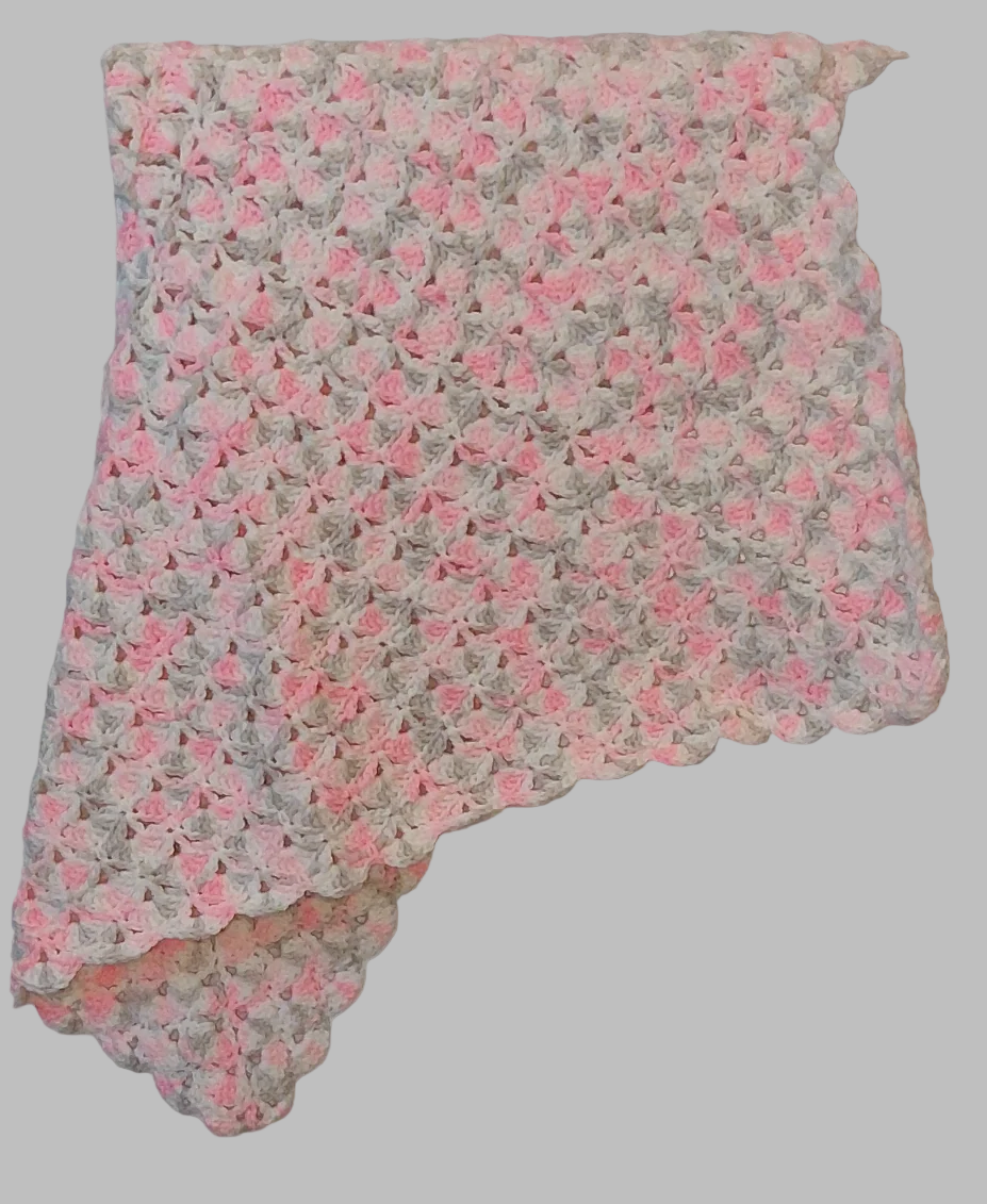 pink, gray, and white crochet baby blanket