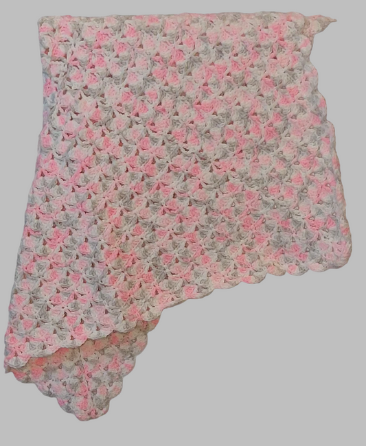 pink, gray, and white crochet baby blanket